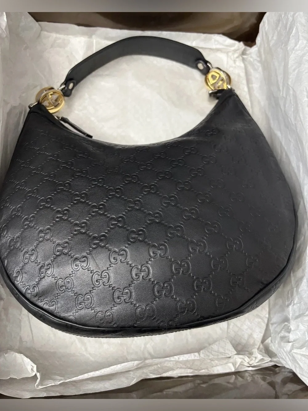 Gucci Guccisima Hobo Bag Black Leather with Silver & Gold hardware. COA Included